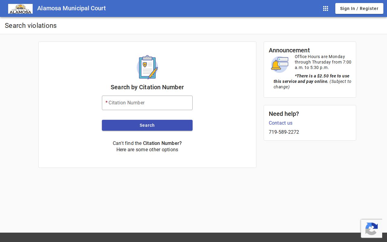 Alamosa County case lookup fields on the municipal citation portal