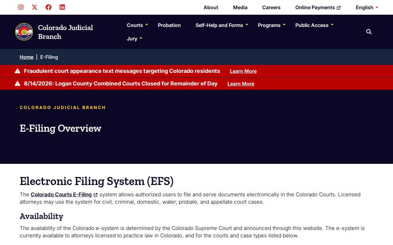 Alamosa County case lookup through Colorado Courts E-Filing information