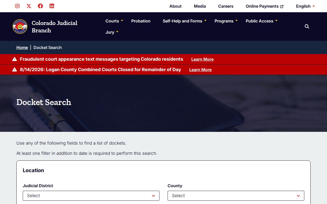 Alamosa County court dates statewide docket search interface