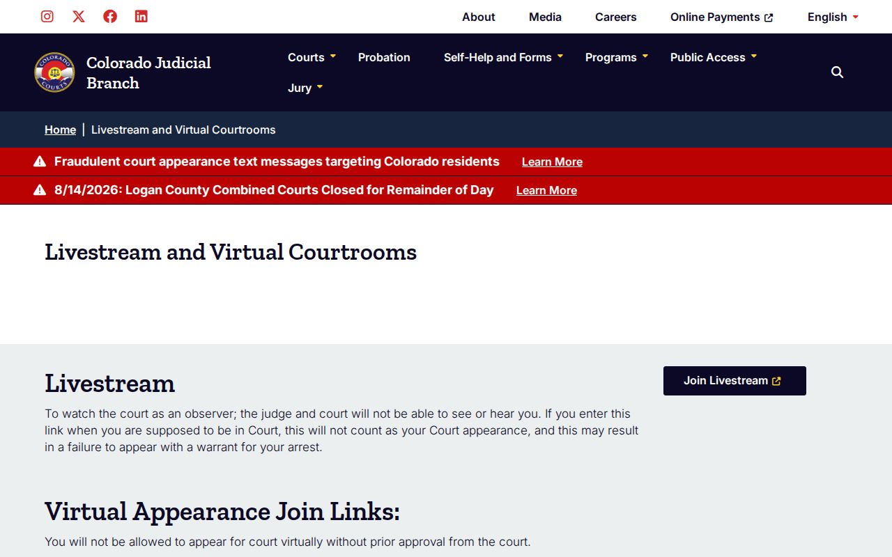 Alamosa County criminal docket virtual courtroom access page