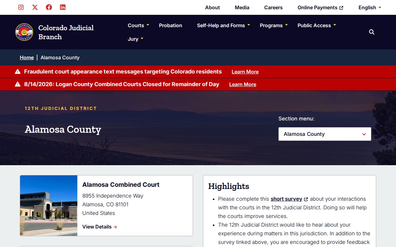 Alamosa County court docket trial court page