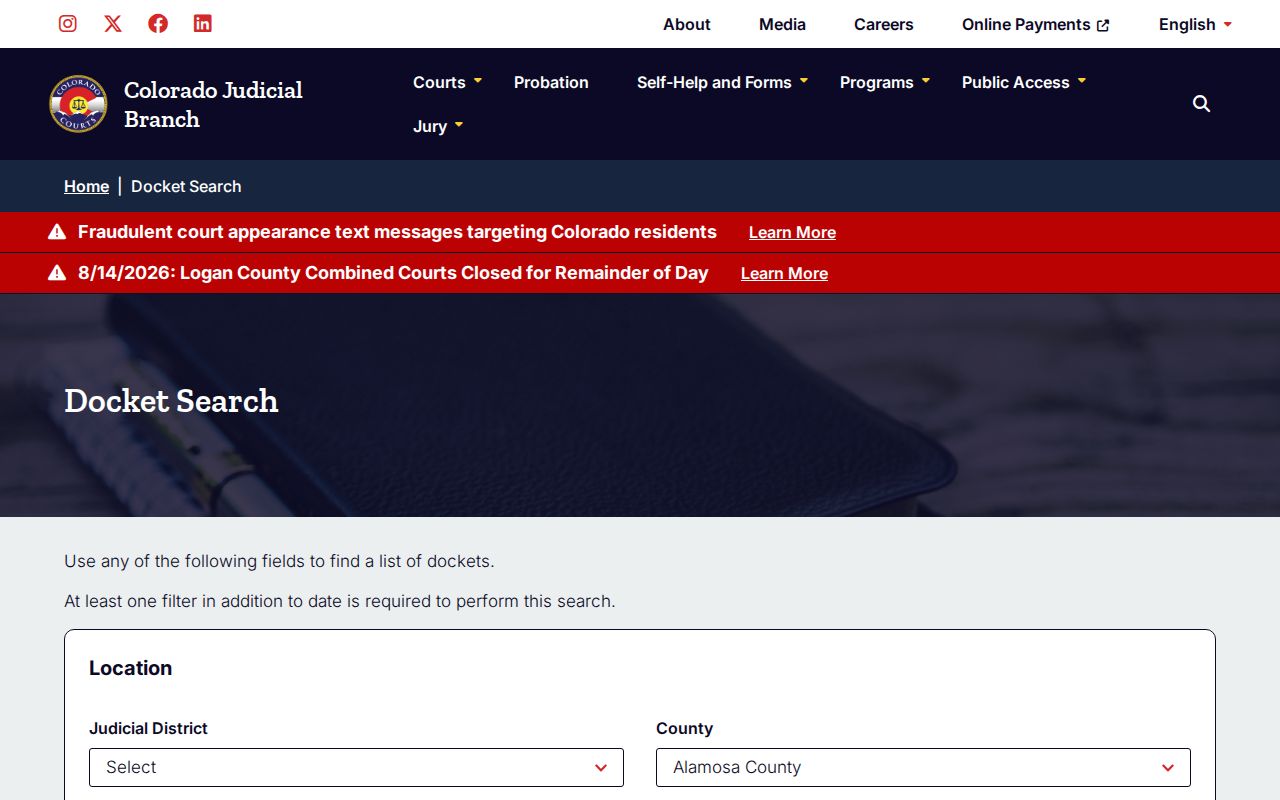 Alamosa County court docket search filters