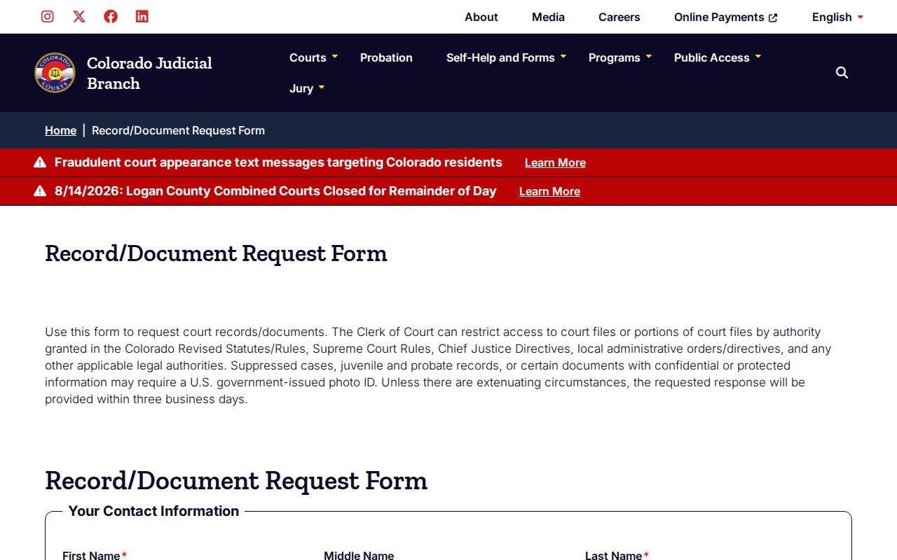 Alamosa County court docket record request form